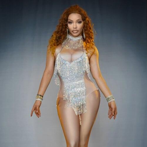 Sexy Women Crystals Sequins Tassels Bodycon Jumpsuits Nightclub Classic Female Streth Skinny Performance Costumes Women Ds Wear