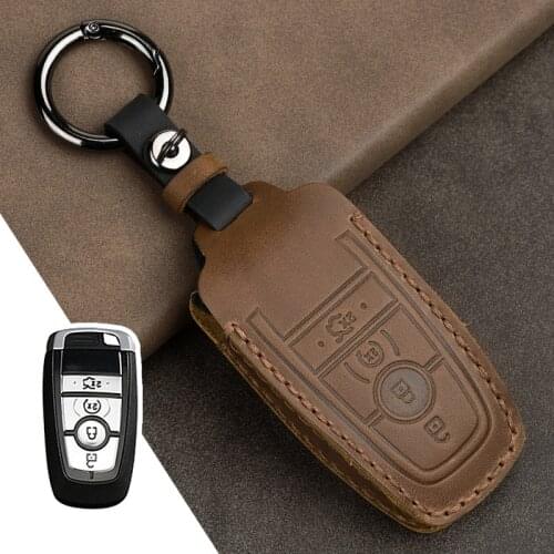 Crazy Horse Leather Car Key Case For Ford Mustang 2018 EcoSport Smart Remote Fobs Shell Cover Keys Bag Keychain Auto Accessories