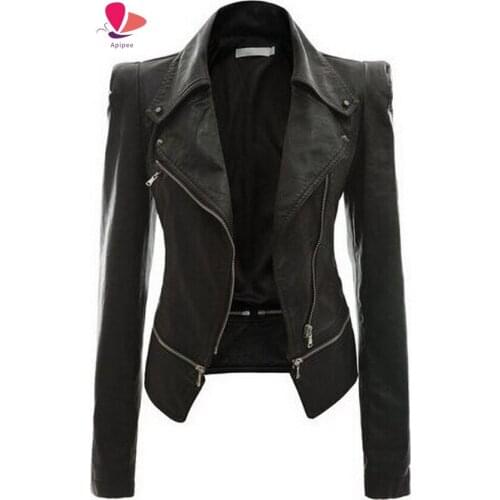 New Autumn Women Moto Pu Faux Leather Jacket Woman Zipper Coat Female Black Punk Bomber Faux Leather Outwear