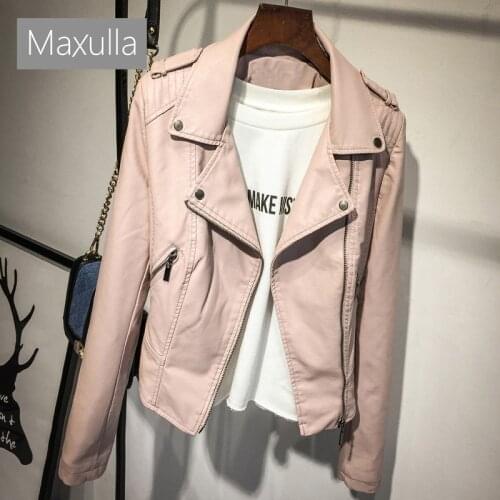 Maxulla Women Spring Autumn Black Faux Leather Jackets Zipper Basic Coat Turn-down Collar Motor Biker Jackets Clothing