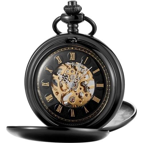 Retro Mechanical Pocket Watch for Men Women Skeleton Roman Numeral Dial Reloj Flip Case Fob Chain Pendant Mechanisch zakhorloge