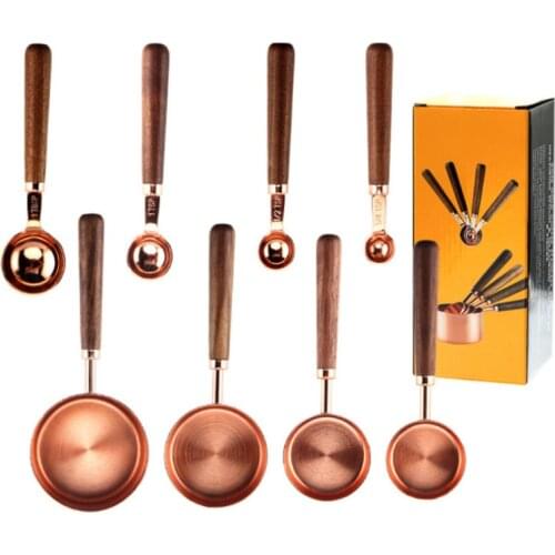 RoseGold Measuring Cups and Spoons Set of 8PCS Teaspoon Wood Handle Copper Plated Measuring Spoon Baking Tools Sugar Measuring