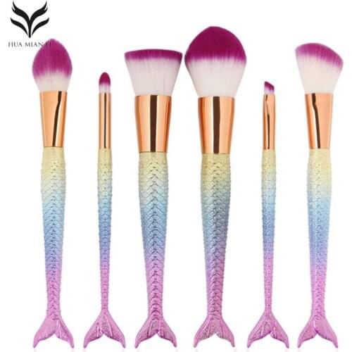 6Pcs Makeup Brush Kit Professional Mermaid Shaped Powder Foundation Contour Brush Fish Tail Blush Eyeshadow Cosmetic Brush Tool