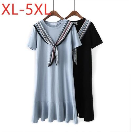 New 2021 Ladies Summer Plus Size Midi Dress For Women Large Short Sleeve Loose Casual Ruffle Blue Bow Straight Dress 3XL 4XL 5XL