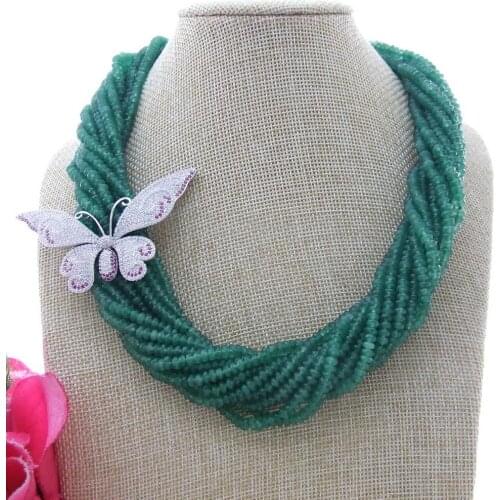 YYGEM 20" 13 Stands Faceted Green Jade choker Necklace Cubic Zirconia Pave Butterfly connector