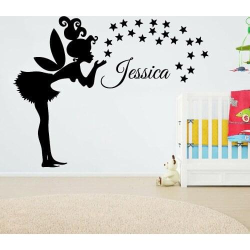 Personalized Name Wall Decals Little Fairy Blowing Stars Magic Custom Kids Name Vinyl Wall Stickers Nursery Home Decoration Z231