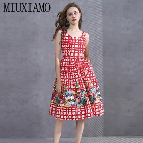 MIUXIMAO 2020 Summer& Spring Dress Newest Cute Colorful Print Elegant Knee-Length Red Slim Dress Women Vestidos