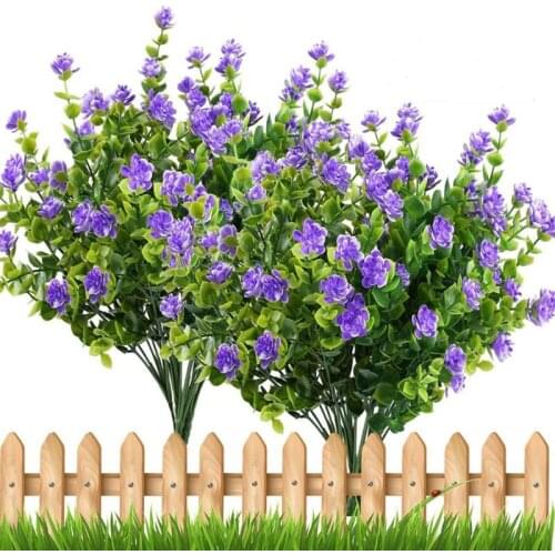 Practical 4pcs Fake Plants Artificial Greenery Shrubs Eucalyptus Branches with Purple Babys Breath Flower Plastic Bushes House