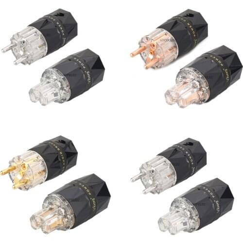 VIBORG Clear Diamond Shell 99.998% Pure Red Copper Schuko EU Male Plug + IEC Female Power Connector Silver/Gold/Rhodium Plated