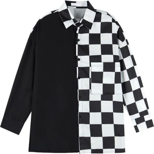 Streetwear Plaid Shirts Women Men Autumn Long Sleeve Blouse Black White Checkerboard Patchwork Loose Tops High Street Hip Hop