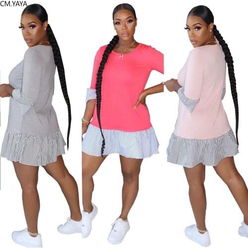 CM.YAYA Autumn Three Quarter Sleeve Women Striped Print Splicing Ruffles A-line Bodycon Mini Dress Streewear Active Wear Dresses