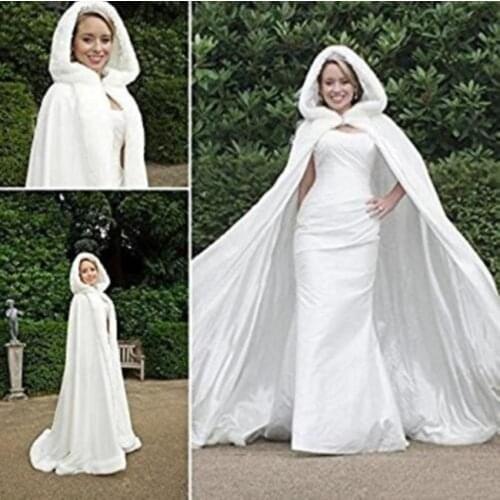 Bridal Winter Hooded Faux Fur Trim Satin Wedding Jacket Cloak Shawl Cape Mantles Wraps Elves Cape in White Ivory