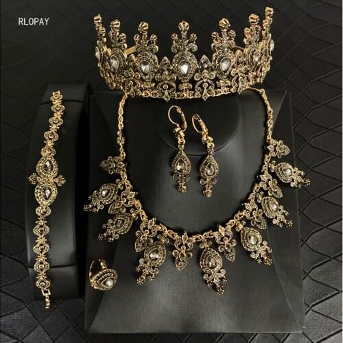 Turkish Macedonia Antique Gold Bridal Jewelry Sets Necklace/Earrings/Ring/Bracelet Wedding Necklace Set Gray Rhinestones