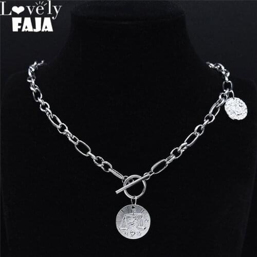 Libra Stainless Steel Necklace Women Silver Color Round Astrology Choker Necklaces 12 Constellations Jewelry cadena NPY7S03