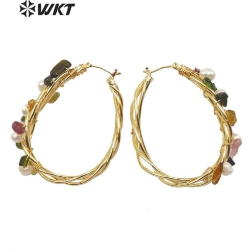 WT-E588 WKT Natural Pearl Earrings Wire Wrapped Pearl With Multiple Colors Stone Beads Earrings Fashion Jewelry For Women