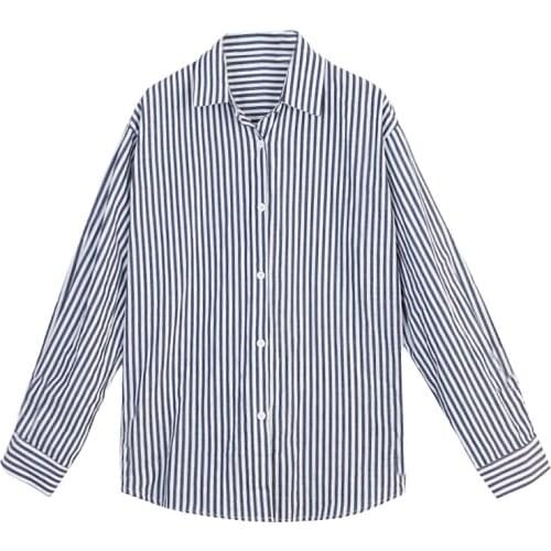 PERHAPS U Women Stripped Shirt Long Sleeve Blue Black Turn Down Collar B0418