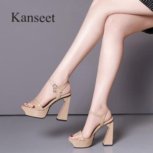 Kanseet Concise Womens Shoes Summer 2021 Buckle Strap Sexy Party Prom Genuine Leather Super High Heels Female Sandals Platform