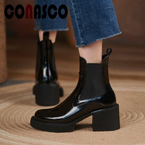 CONASCO 2021 Women Ankle Boots Autumn Winter Warm Genuine Leather Casual Shoes Concise Design Elastic Band Woman Boots