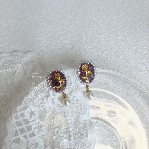 Retro French Baroque Palace Style Purple Crystal Rose Stud Earrings Pearl S925 Non-pierced Ear Clips Female Trend