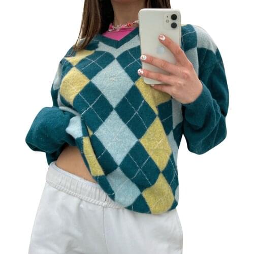 Autumn new knitted womens V-Neck Sweater, casual fashion classic long sleeve diamond print pattern loose knitted pullover top