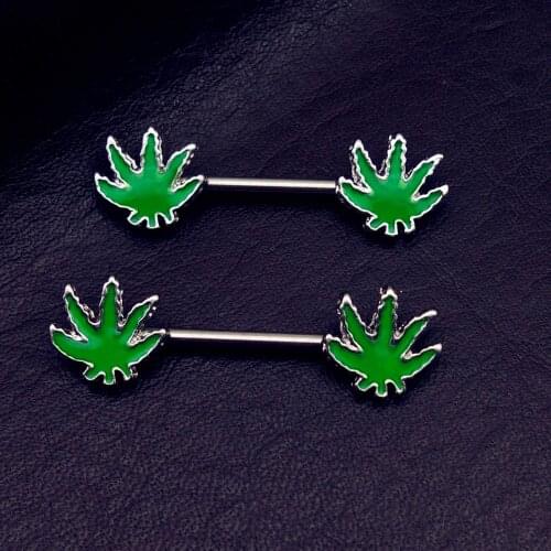 2019 new arrivels Pot weed Leaf Piercing Nipple piercingBarbell Ring body Jewelry 14g stainless steel jewelry as a pair