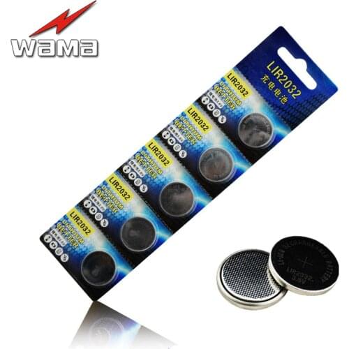 5pcs/Pack Wama Rechargeable LIR2032 3.6V Lithium Li-ion Button Cell Batteries Coin Battery Replace CR2032 New Drop Ship