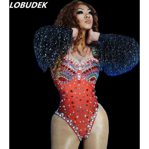 Sparkly Pearls Crystals Red Bodysuit Tassels Sleeve Elastic Leotard Stage Wear Bar Nightclub DJ Singer Female Dancer DS Costume