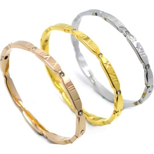 Brand Jewelry Women Bangles Zirconia Crystal Stainless Steel Bracelet Gold Color Carving Roman Numerals Bangle & Bracelet Gift