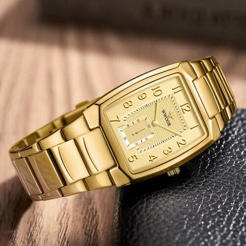 WWOOR 2021 New Top Brand Men Casual Luxury Golden Square Fashion Watch Quartz Business Waterproof Wristwatches Relogio Masculino
