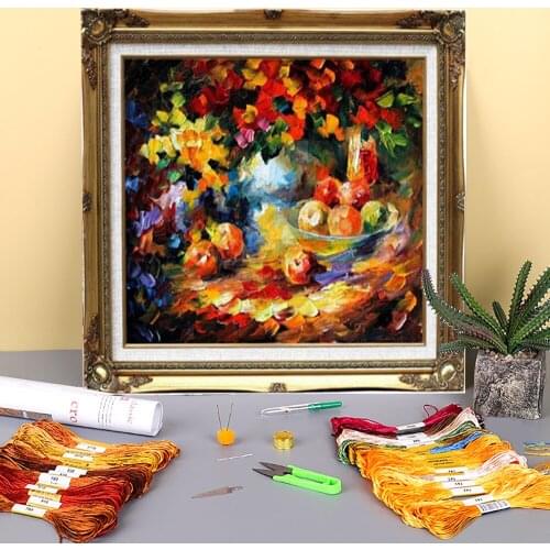 Flowers And Wine Printed Fabric 11CT Cross-Stitch Embroidery Kit DMC Threads Handicraft Knitting Hobby Sewing Decor