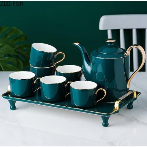 Household tea set 8 piece suit simple Northern Europe Dark green ceramic teacup Coffee cup Ceramic tray Kungfu tea set