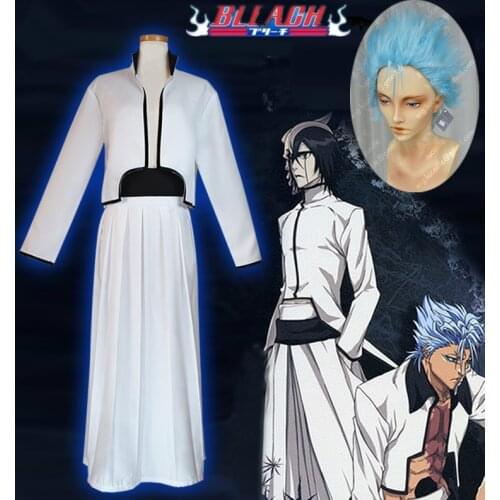 Anime Bleach Ulquiorra cifer Cosplay Costume Full Set White Kendo Kimono ( Cloak + Pants + Belt ) Halloween Costumes blue wigs