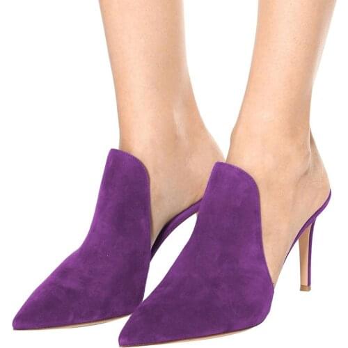 Summer fashion womens shoes pointed toe slingback stilettos heels blue purple green suede mules ladies zapatos