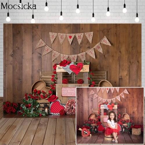 Mocsicka Valentines Day Red Rose Photography Background Flowers Wooden Floor Backdrop Romantic Art Photo Portrait Decoration