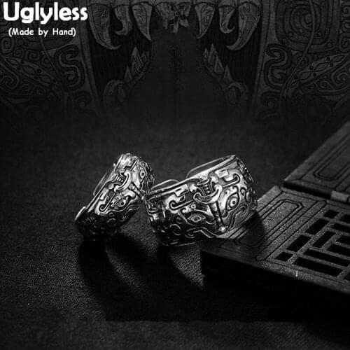 Uglyless Real 925 Sterling Silver Handmade Engrave Animal Lovers Finger Rings Men Women Vulcanized Demon Open Ring 2-Size Bijoux