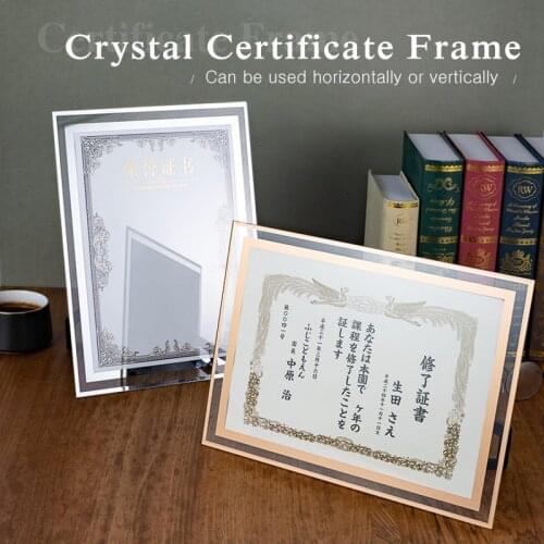 Luxury A4 Gold Acrylic Diploma Display Top Grade Crystal Silver Certificate Frame