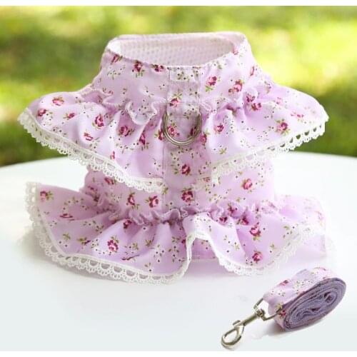 Dog Lace Harness Vest Floral Print Cat Traction Rope Leash Lead for Small Puppy Cute Dogs Chihuahua Walking