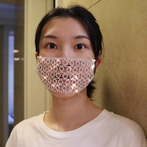 Rhinestone Mask Women Diamond Crytal Decoration Jewelry Facemask Fashion Sexy Glitter Mesh Net Party Show Mouth Mask For Wedding