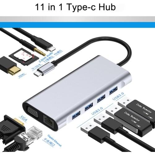 USB Type C Laptop Docking Station for MacBook Pro Air Hp Dell, 11 in 1 USB C Hub Adapter, 4K HDMI VGA SD TF RJ45 PD Fast Charge