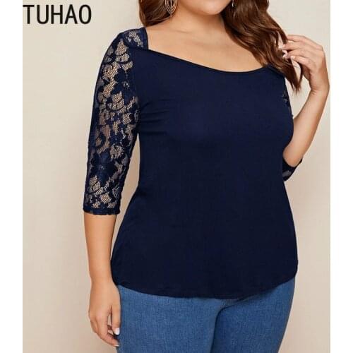 TUHAO Summer Women Blouse Shirt 8XL 7XL 6XL 5XL Plus Size Five-point Sleeve Shirt Top Lace Stitching Sleeves Large Size WM67