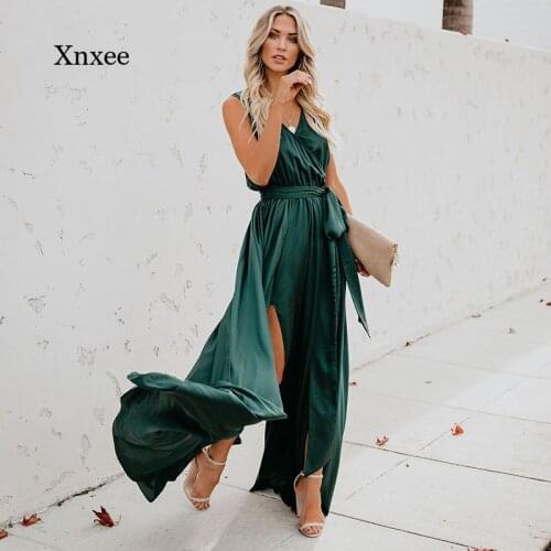 Solid Maxi Dress V Neck Lace Up Elegant Sexy Sleeveless Split Long Dresses for Women Summer 2021 Night Party Plus Size Outfits
