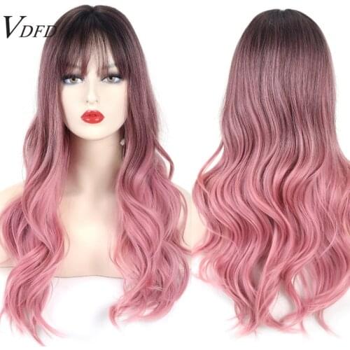 VDFD Pink Wig with Bangs Cosplay Heat Friendly Synthetic Wig Natural Ombre Rose Gold Long Wavy Heat Fake Hair for Women Daily