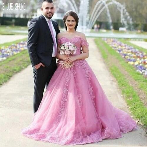 E JUE SHUNG Gorgeous Dark Pink Wedding Dresses Off The Shoulder Lace Appliques Backless Bridal Gowns vestido de noiva Custom