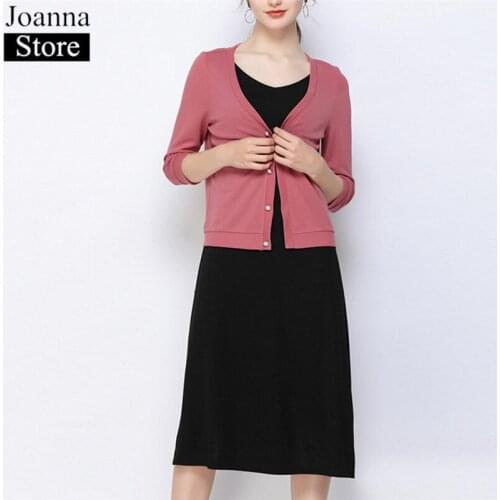 Spring New Knitted Long Dress Two-Piece Women V-Neck Seven Points Sleeve Slim Jackets Sleeveless Dresses Black Plus Size Clothes