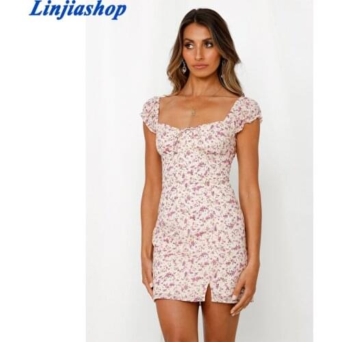 Vintage Sexy Mini Dress Cotton Pink Yellow Floral Print Sheath Vestidos Retro Cap Sleeve Split Summer Dress