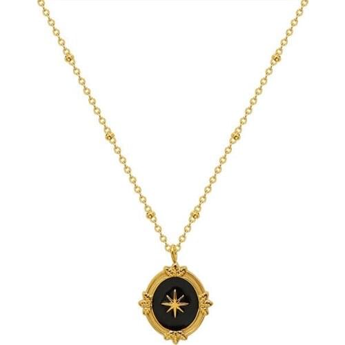 Stainless Steel Jewelry Black Enamel Pendant Star Oval Shaped Necklace For Women Dainty Clavicle Necklaces Vintage Collier Femme