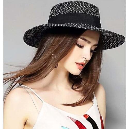 Summer Black and White Flat Sun Hat With Bow Womens Straw Hats Fashion Mesh Fedoras Top Hat Beach hat for Women Sun Visor