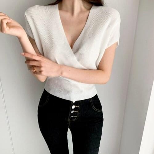 2021 V-Neck Women Shirts Korean Summer Cross Waist Sexy Knit Top Shirt Fashion Women Blouses and Top Short Sleeve Clothing 15751