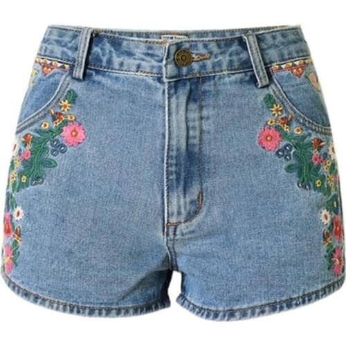 2017 New flower embroidered shorts jeans women Vintage ethnic style Slim high waist shorts casual boho Blue denim for feminine