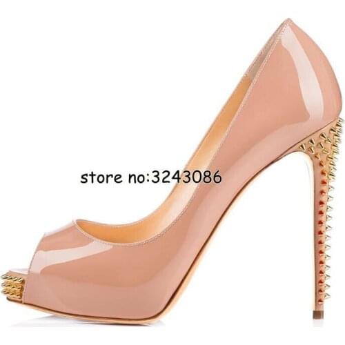 Spike Women High Platform Sexy Pumps Peep Toe Nude Black Leopard Leather Rivets High Heels Lady Party Dress Shoes Plus Size 45